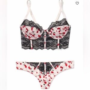 Adore Me White & Red Cherry Print Lace Demi Bra and  Panties Lingerie Set 38c/XL
